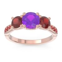 Amethyst Ring In 18K Rose Gold With Garnet And Ruby Zasti Round Three-stone Ring
