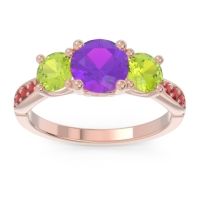 Amethyst Ring In 14K Rose Gold With Peridot And Ruby Zasti Round Three-stone Ring