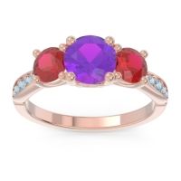 Amethyst Ring In 14K Rose Gold With Ruby And Aquamarine Zasti Round Three-stone Ring