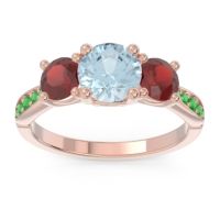 Aquamarine Ring In 18K Rose Gold With Garnet And Emerald Zasti Round Three-stone Ring