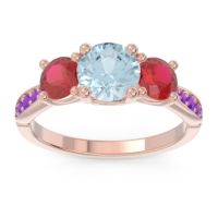 Aquamarine Ring In 14K Rose Gold With Ruby And Amethyst Zasti Round Three-stone Ring