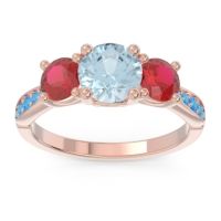 Aquamarine Ring In 18K Rose Gold With Ruby And Swiss Blue Topaz Zasti Round Three-stone Ring