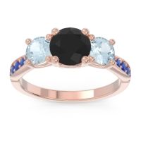 Black Onyx Ring In 14K Rose Gold With Aquamarine And Blue Sapphire Zasti Round Three-stone Ring