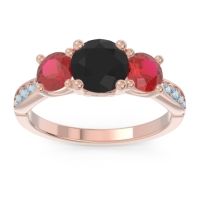 Black Onyx Ring In 14K Rose Gold With Ruby And Aquamarine Zasti Round Three-stone Ring