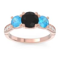 Black Onyx Ring In 18K Rose Gold With Swiss Blue Topaz And Lab Diamond Zasti Round Three-stone Ring