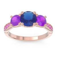 Lab Blue Sapphire Ring In 14K Rose Gold With Amethyst And Pink Tourmaline Zasti Round Three-stone Ring