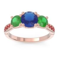 Lab Blue Sapphire Ring In 14K Rose Gold With Emerald And Ruby Zasti Round Three-stone Ring