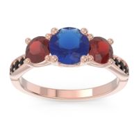 Lab Blue Sapphire Ring In 18K Rose Gold With Garnet And Black Onyx Zasti Round Three-stone Ring