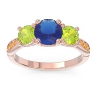 Lab Blue Sapphire Ring In 14K Rose Gold With Peridot And Citrine Zasti Round Three-stone Ring