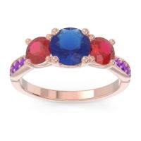Lab Blue Sapphire Ring In 14K Rose Gold With Ruby And Amethyst Zasti Round Three-stone Ring