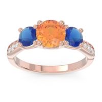 Citrine Engagement Ring In 14K Rose Gold With Blue Sapphire And Diamond - Zasti Round Three-stone Ring