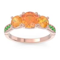 Citrine Ring In 18K Rose Gold With Emerald Zasti Round Three-stone Ring