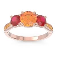Citrine Ring In 18K Rose Gold With Ruby Zasti Round Three-stone Ring