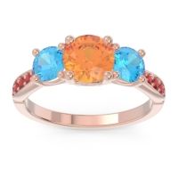 Citrine Ring In 18K Rose Gold With Swiss Blue Topaz And Ruby Zasti Round Three-stone Ring