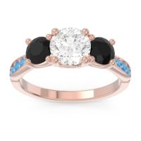 Lab Diamond Ring In 14K Rose Gold With Black Onyx And Swiss Blue Topaz Zasti Round Three-stone Ring
