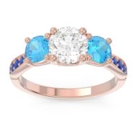 Lab Diamond Ring In 18K Rose Gold With Swiss Blue Topaz And Blue Sapphire Zasti Round Three-stone Ring