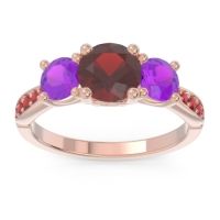 Garnet Ring In 18K Rose Gold With Amethyst And Ruby Zasti Round Three-stone Ring