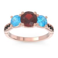 Garnet Ring In 18K Rose Gold With Swiss Blue Topaz And Black Onyx Zasti Round Three-stone Ring