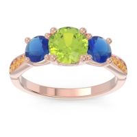 Peridot Ring In 14K Rose Gold With Blue Sapphire And Citrine Zasti Round Three-stone Ring