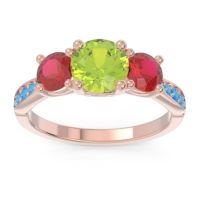 Peridot Ring In 18K Rose Gold With Ruby And Swiss Blue Topaz Zasti Round Three-stone Ring