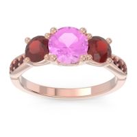 Pink Tourmaline Ring In 14K Rose Gold With Garnet Zasti Round Three-stone Ring