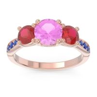 Pink Tourmaline Ring In 14K Rose Gold With Ruby And Blue Sapphire Zasti Round Three-stone Ring