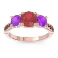 Lab Ruby Ring In 18K Rose Gold With Amethyst And Garnet Zasti Round Three-stone Ring