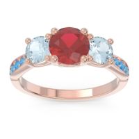 Lab Ruby Ring In 14K Rose Gold With Aquamarine And Swiss Blue Topaz Zasti Round Three-stone Ring