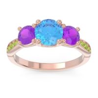 Swiss Blue Topaz Ring In 18K Rose Gold With Amethyst And Peridot Zasti Round Three-stone Ring