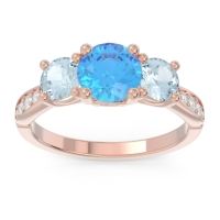 Swiss Blue Topaz Engagement Ring In 14K Rose Gold With Aquamarine And Diamond - Zasti Round Three-stone Ring