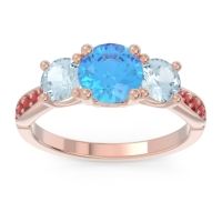 Swiss Blue Topaz Ring In 18K Rose Gold With Aquamarine And Ruby Zasti Round Three-stone Ring