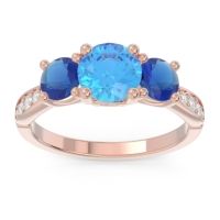 Swiss Blue Topaz Ring In 18K Rose Gold With Blue Sapphire And Lab Diamond Zasti Round Three-stone Ring