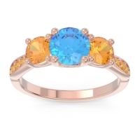 Swiss Blue Topaz Ring In 18K Rose Gold With Citrine Zasti Round Three-stone Ring