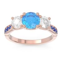 Swiss Blue Topaz Ring In 18K Rose Gold With Lab Diamond And Blue Sapphire Zasti Round Three-stone Ring