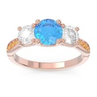 Swiss Blue Topaz Ring In 14K Rose Gold With Diamond And Citrine Zasti Round Three-stone Ring