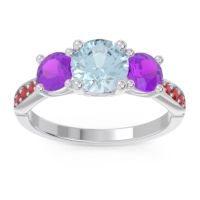 Aquamarine Ring In Palladium With Amethyst And Ruby Zasti Round Three-stone Ring