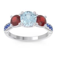 Aquamarine Ring In Palladium With Garnet And Blue Sapphire Zasti Round Three-stone Ring