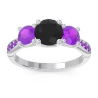 Black Onyx Ring In Palladium With Amethyst Zasti Round Three-stone Ring