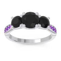 Black Onyx Ring In Palladium With Amethyst Zasti Round Three-stone Ring
