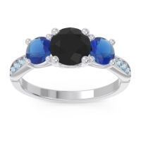 Black Onyx Ring In Palladium With Blue Sapphire And Aquamarine Zasti Round Three-stone Ring