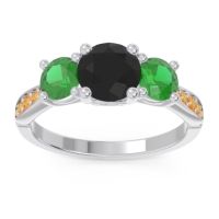 Black Onyx Ring In Palladium With Emerald And Citrine Zasti Round Three-stone Ring