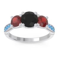Black Onyx Ring In Palladium With Garnet And Swiss Blue Topaz Zasti Round Three-stone Ring
