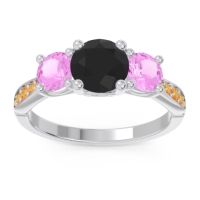 Black Onyx Ring In Palladium With Pink Tourmaline And Citrine Zasti Round Three-stone Ring