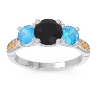 Black Onyx Ring In Palladium With Swiss Blue Topaz And Citrine Zasti Round Three-stone Ring
