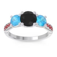 Black Onyx Ring In Palladium With Swiss Blue Topaz And Ruby Zasti Round Three-stone Ring