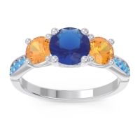 Lab Blue Sapphire Ring In Palladium With Citrine And Swiss Blue Topaz Zasti Round Three-stone Ring
