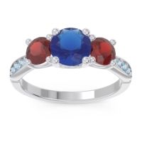Lab Blue Sapphire Ring In 18k White Gold With Garnet And Aquamarine Zasti Round Three-stone Ring