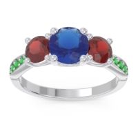 Blue Sapphire Ring In Palladium With Garnet And Emerald Zasti Round Three-stone Ring