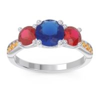 Lab Blue Sapphire Ring In Palladium With Ruby And Citrine Zasti Round Three-stone Ring