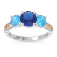 Lab Blue Sapphire Ring In Palladium With Swiss Blue Topaz And Citrine Zasti Round Three-stone Ring
